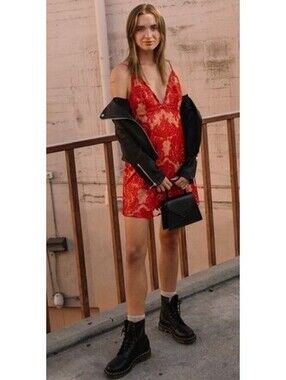 Free People Night Shimmers Red Sequin Lace V Neck Mini Dress - Size 0